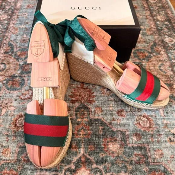GUCCI Sherry Web Stripe Espadrille Wedges | Ankle Wrap | EU 38 (US 7.5–8) - Picture 1 of 9